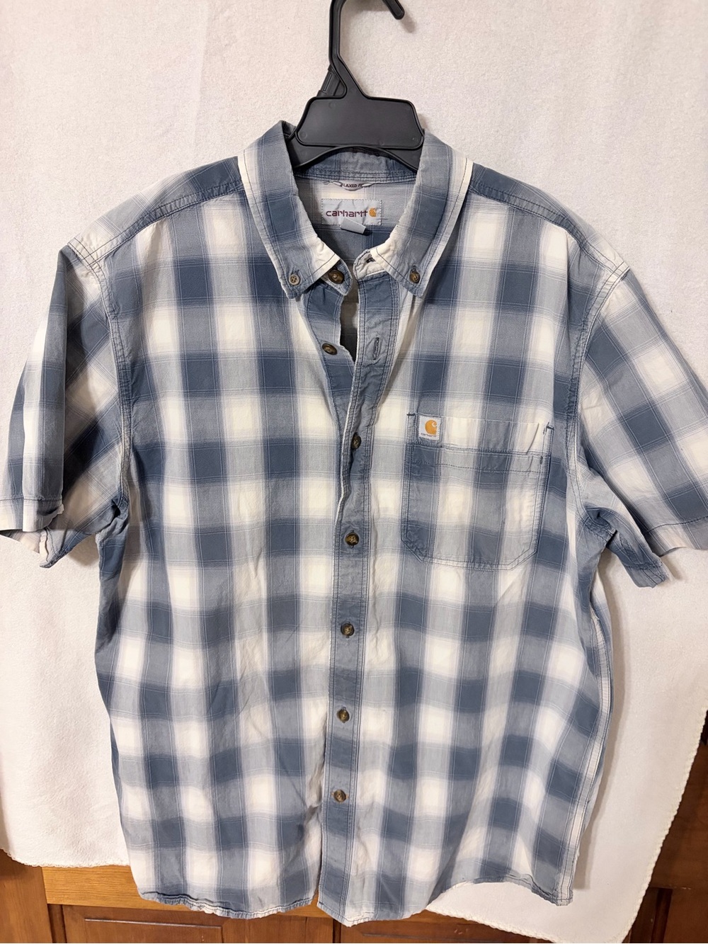 Carhartt Men's Light Blue and White Plaid Short-Sleeve Button-Down Shirt